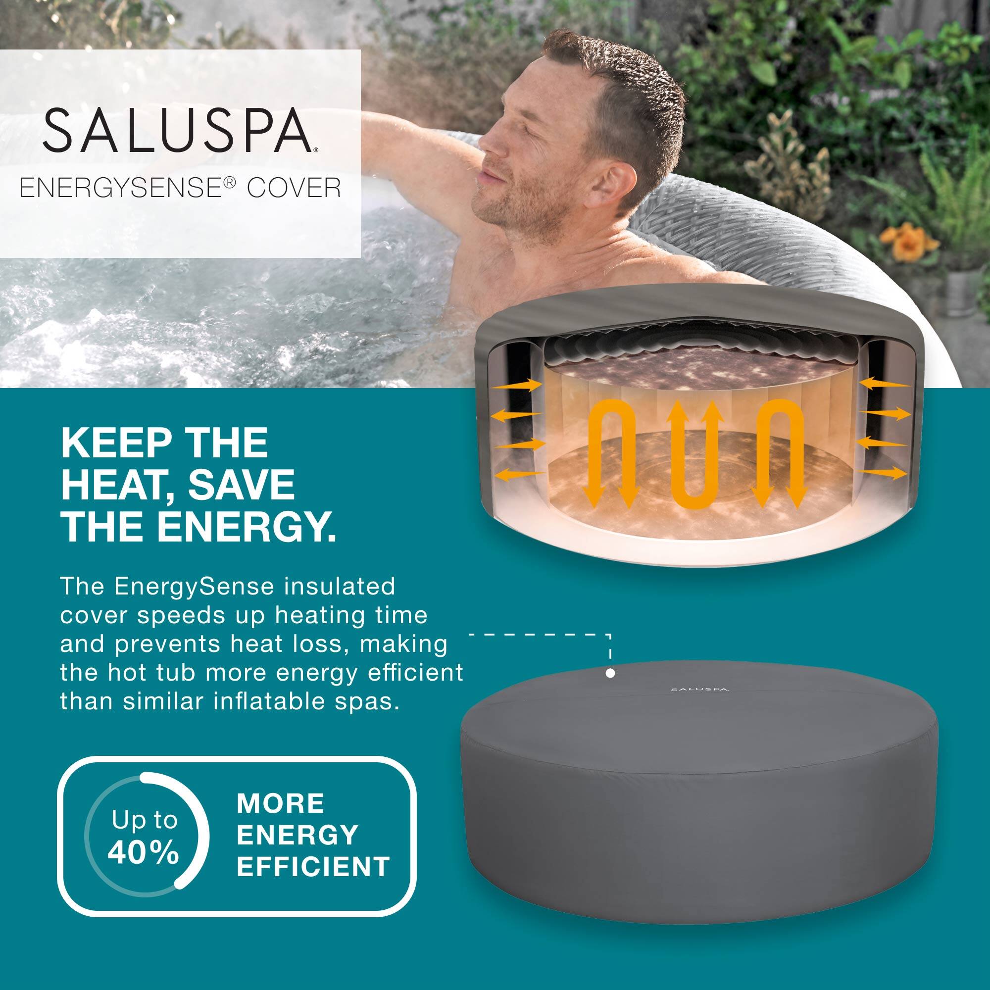 SALUSPA  
ENERGYSENSE® COVER

KEEP THE HEAT, SAVE THE ENERGY.

The EnergySense insulated cover speeds up heating time and prevents heat loss, making the hot tub more energy efficient than similar inflatable spas.

Up to 40% MORE ENERGY EFFICIENT