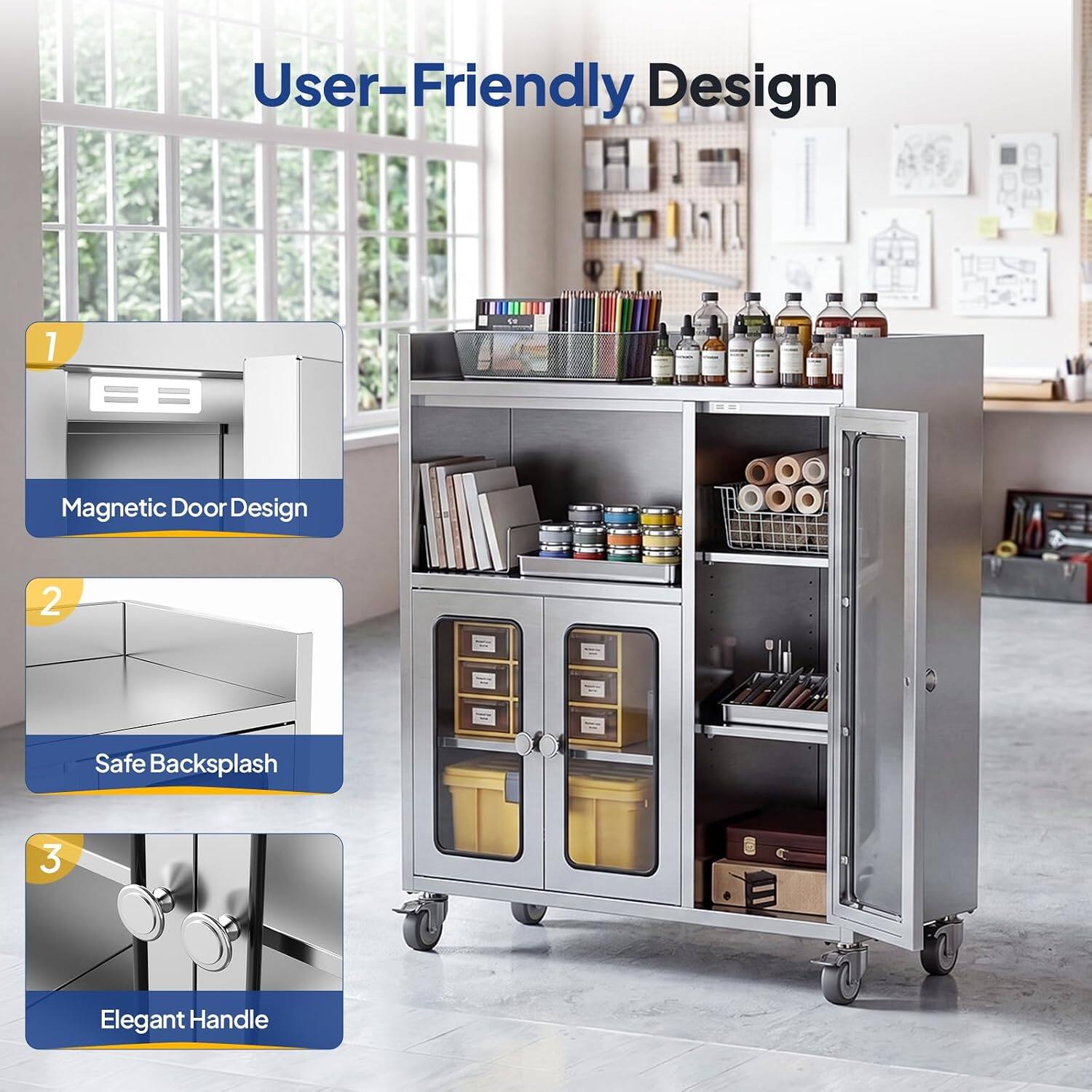 User-Friendly Design  
1. Magnetic Door Design  
2. Safe Backsplash  
3. Elegant Handle