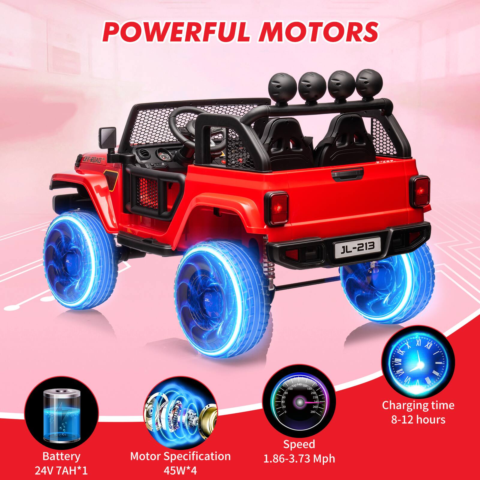 POWERFUL MOTORS

- Battery: 24V 7AH*1
- Motor Specification: 45W*4
- Speed: 1.86-3.73 Mph
- Charging time: 8-12 hours