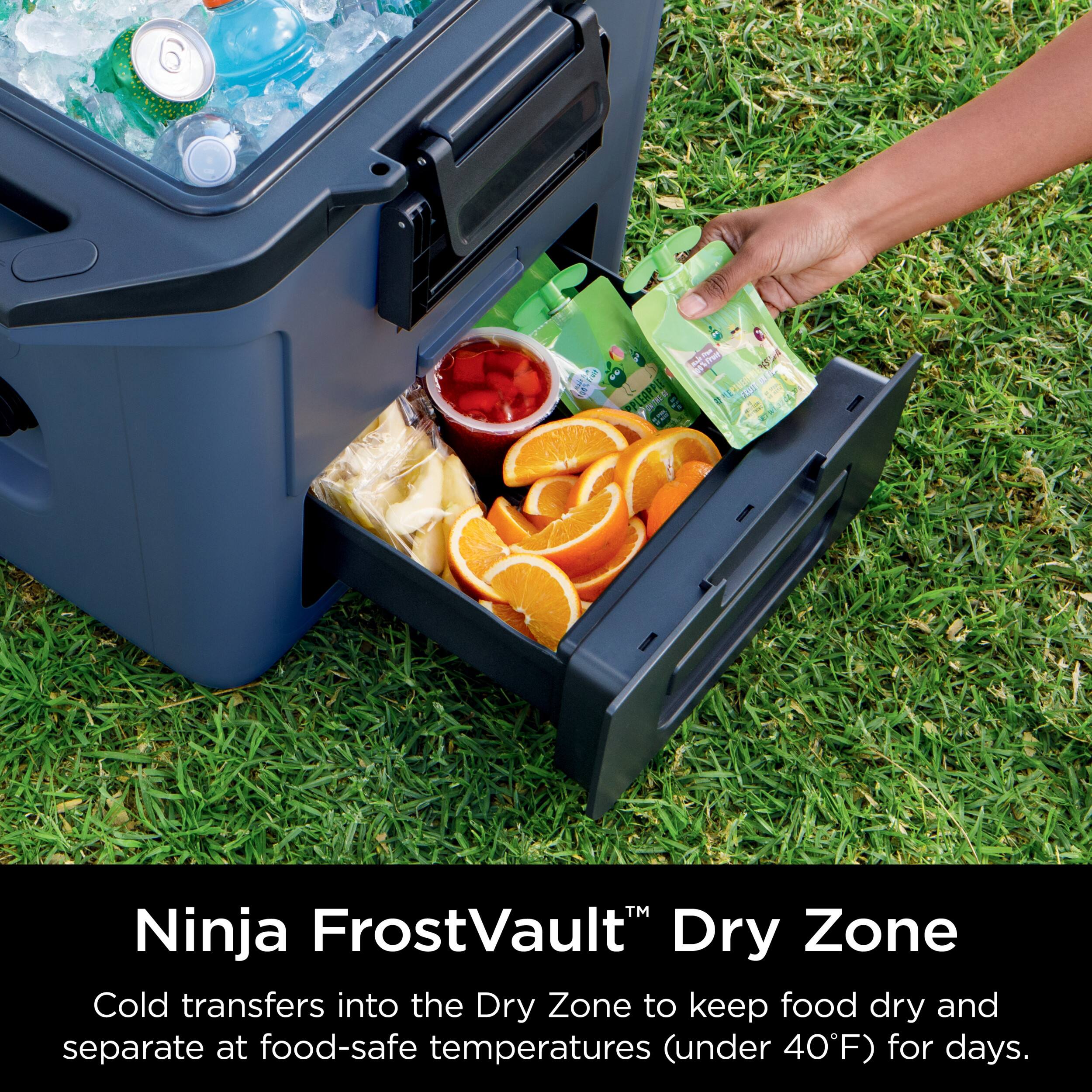 Ninja FrostVault Dry Zone Cold transfers into the Dry Zone to keep food dry and separate at food-safe temperatures (under 40F) for days.