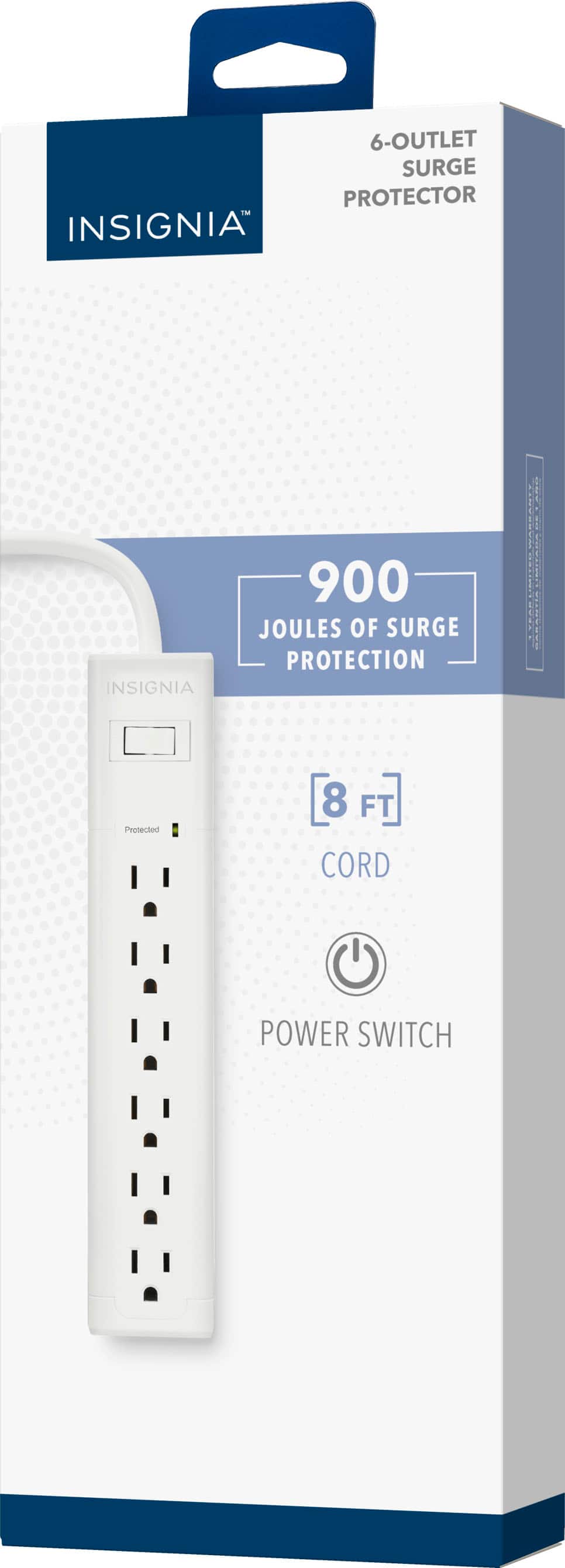 The text on the image reads: "6-Outlet Surge Protector - Insignia 900 Joules of Surge Protection To- CACA AA Protecto 8 FT Cord Power Switch."