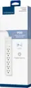 The text on the image reads: "6-Outlet Surge Protector - Insignia 900 Joules of Surge Protection To- CACA AA Protecto 8 FT Cord Power Switch."