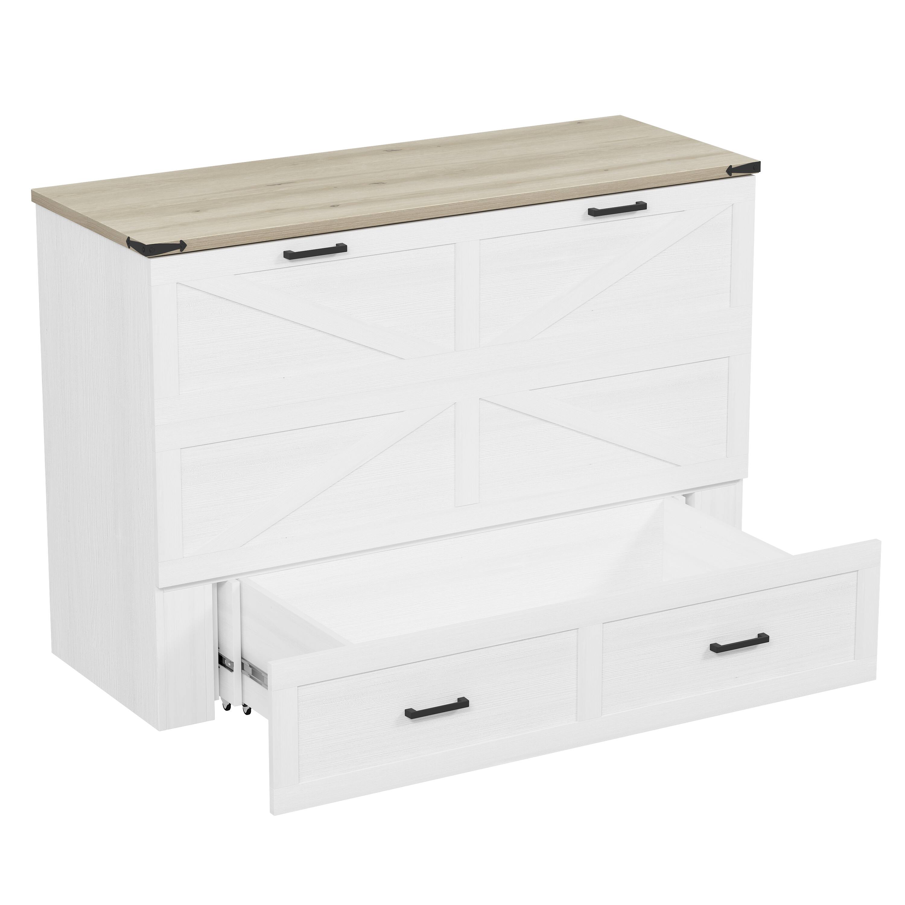 Alt View 4. Tiramisubest - Queen Size Murphy Cabinet Bed with Charging Station, Foldable Platform Bed with Large Storage Drawer, White - White.