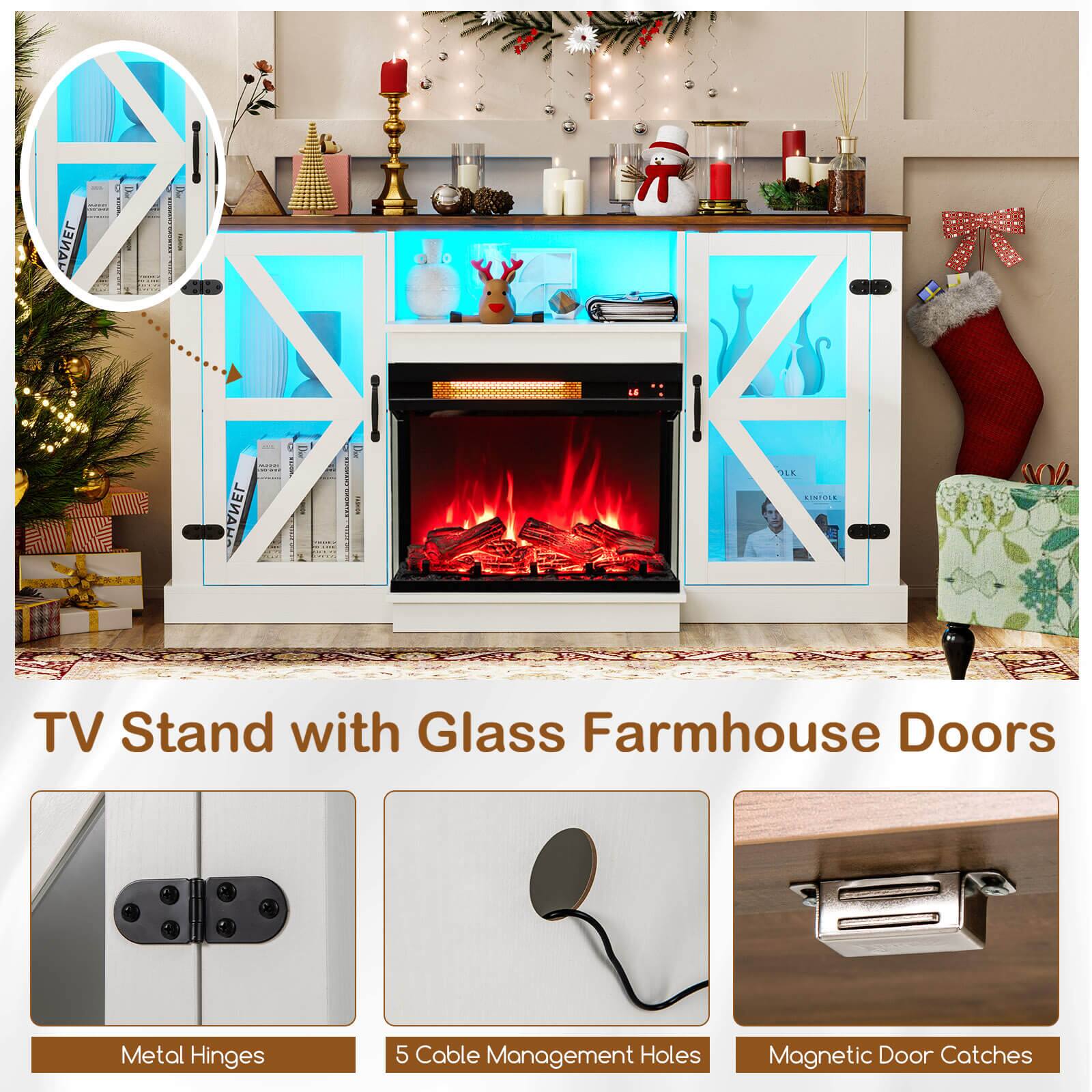 TV Stand with Glass Farmhouse Doors

- Metal Hinges
- 5 Cable Management Holes
- Magnetic Door Catches