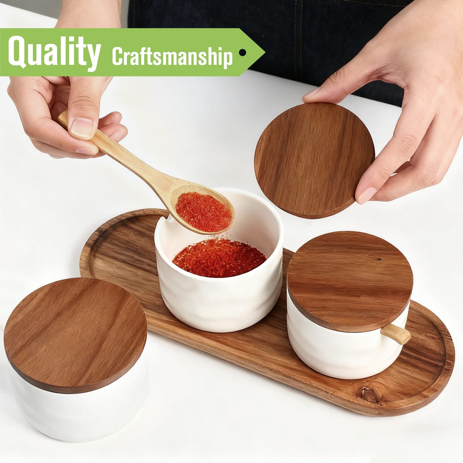 Garnen Wooden Tray Spice Jars Set, Ceramic Spice Containers