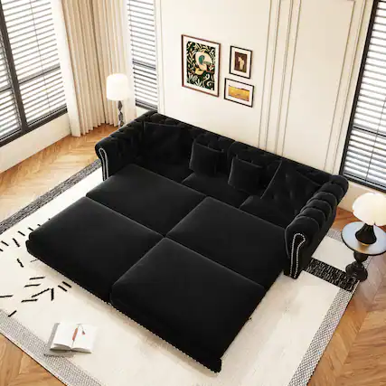 Front. Anysun - 89" 3-in-1 Velvet Chesterfield Pull-Out Sofa Bed - King Size Sleeper, Movable Ottoman, Tufted Design - Black.