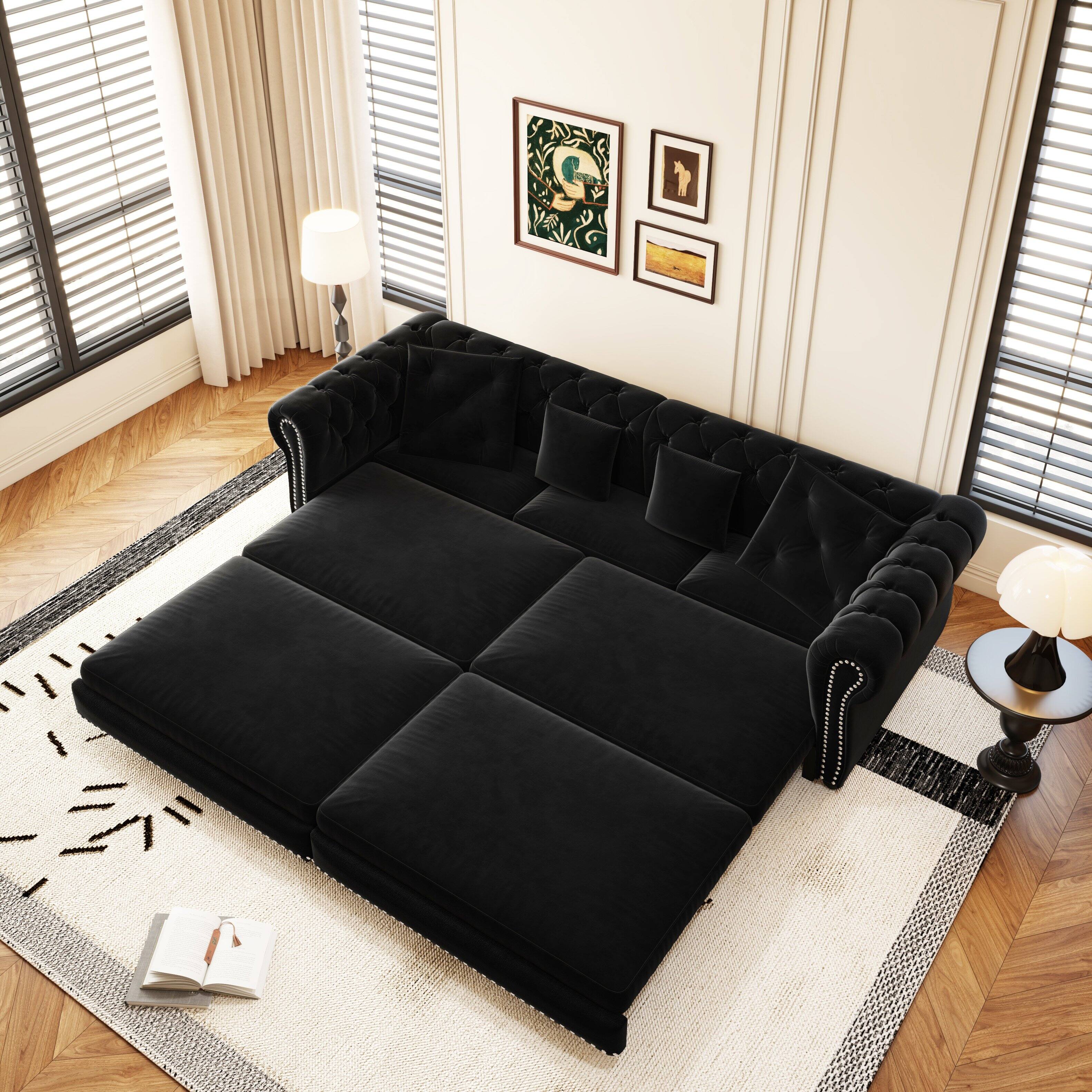 Anysun - 89" 3-in-1 Velvet Chesterfield Pull-Out Sofa Bed - King Size Sleeper, Movable Ottoman, Tufted Design - Black