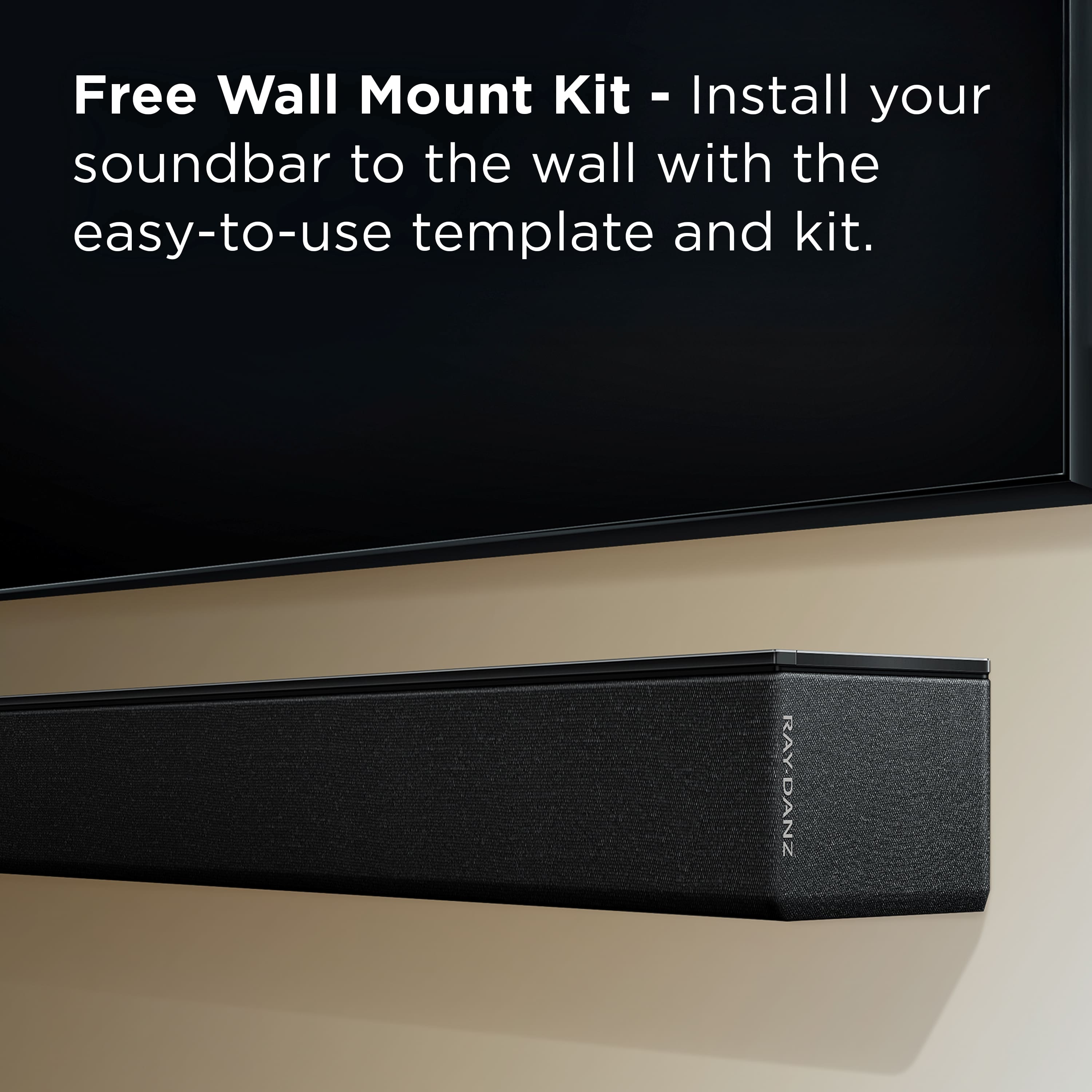 The text on the image reads: "Free Wall Mount Kit - Install your soundbar to the wall with the easy-to-use template and kit."