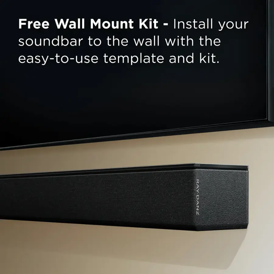 The text on the image reads: "Free Wall Mount Kit - Install your soundbar to the wall with the easy-to-use template and kit."