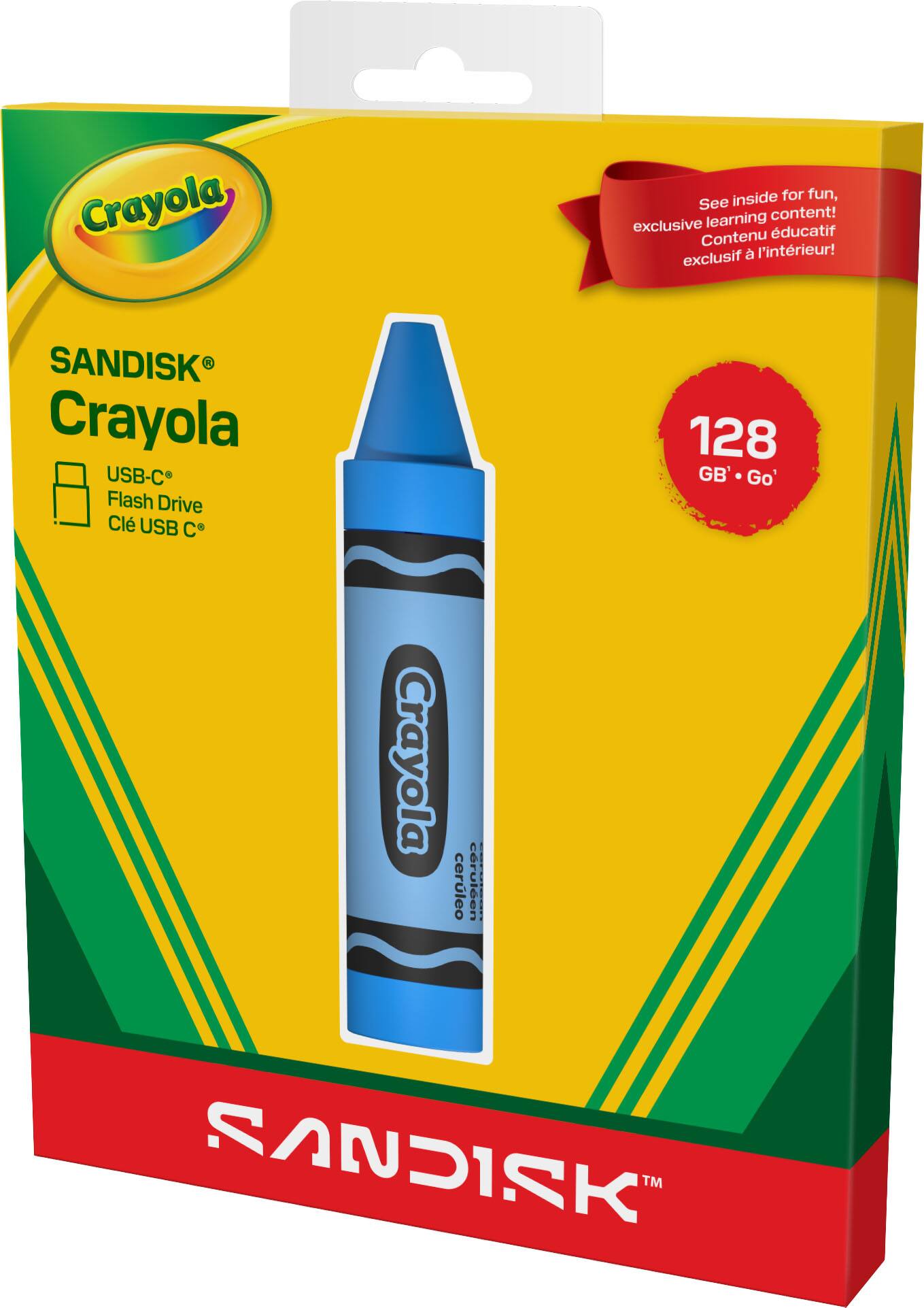 Sure, here is the corrected and grouped text from the image:

---

**Crayola**

**SANDISK® Crayola**

**USB-C Flash Drive**  
**Clé USB C**

**128 GB**  
**Go**

**See inside for fun, exclusive learning content!**  
**Contenu éducatif exclusif à l'intérieur!**

**Crayola**  
**cerulean**

**SANDISK™**