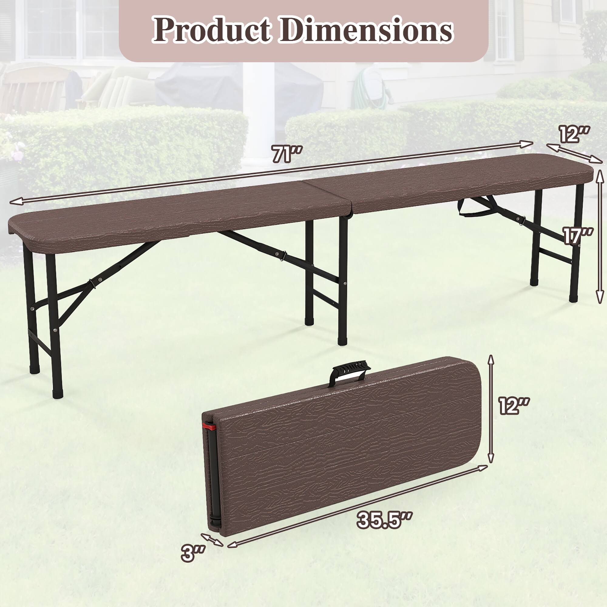 Product Dimensions

- Length: 71"
- Width: 12"
- Height: 17"
- Thickness: 3"
- Folded Length: 35.5"