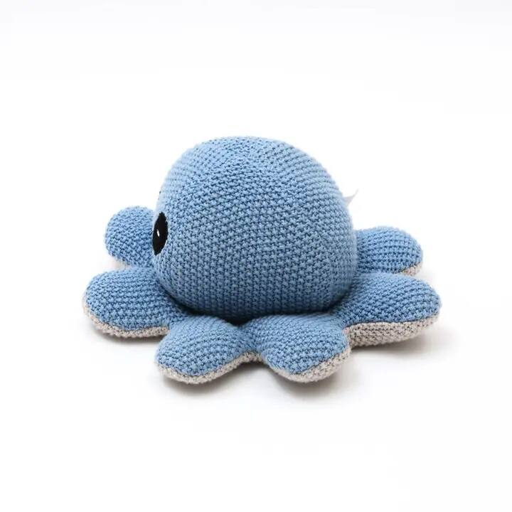 Left. Siljoy - Knitted Baby Blue Octopus Teether Toy, 17x8 cm, 100% Cotton Filling, Polyester, Safe for Infants - Blue.