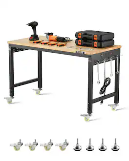 VEVOR - 48-Inch Adjustable Workbench, 2000 lbs Load, Work Bench with Power Outlet, Wheels, and Pegboard - Black