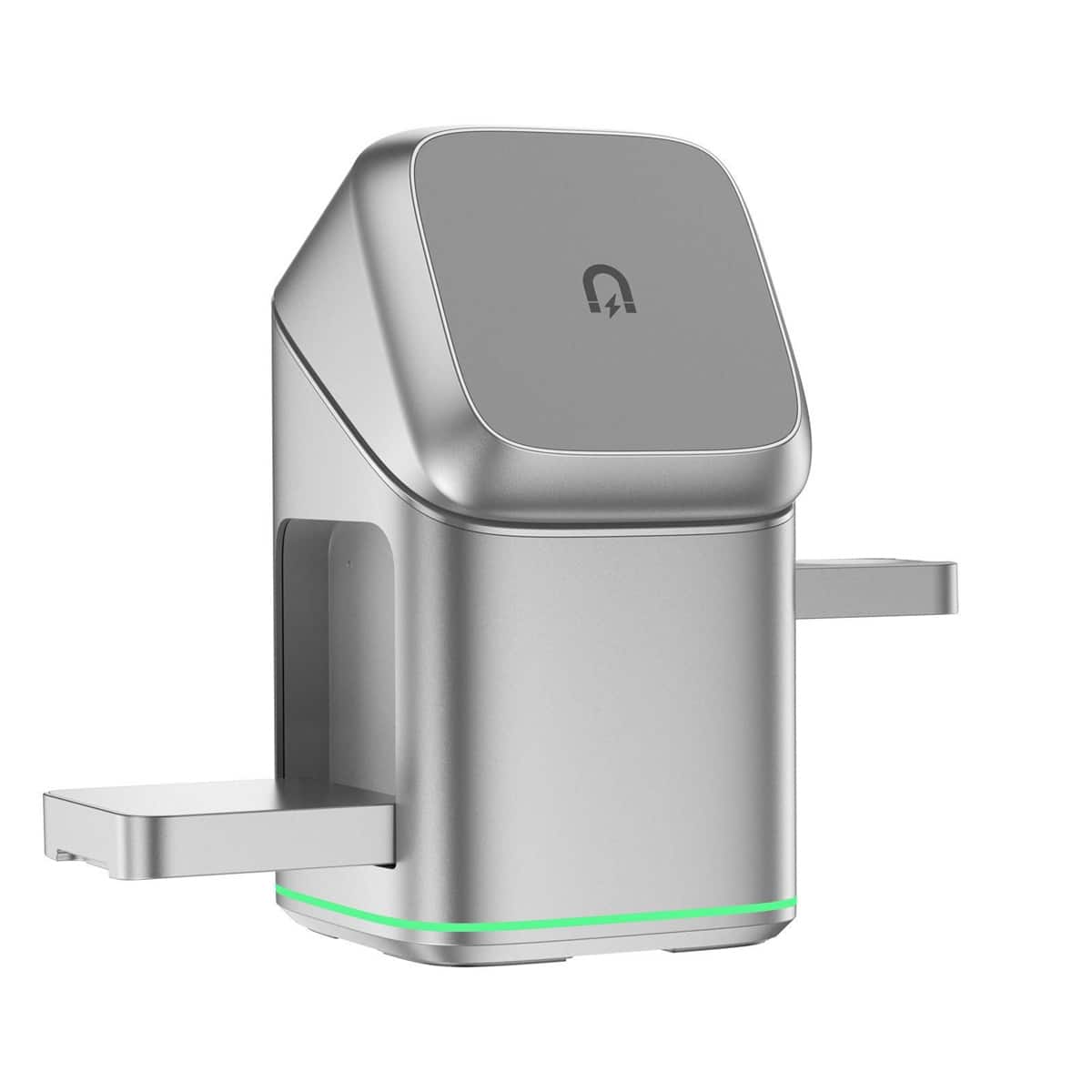 RISOKEYS - 4-in-1 Wireless Charger - Power Adapter with Stand, Touch-Control, Rotatable, Compatible with Apple Wireless Charging - Silver