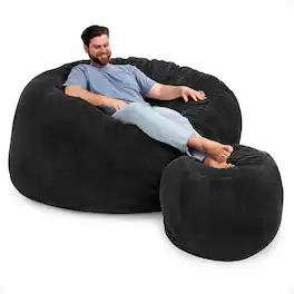 Ultimate Sack - 6000 6 Foot Pre Filled Fur Bean Bag Chair with Footstool - Charcoal