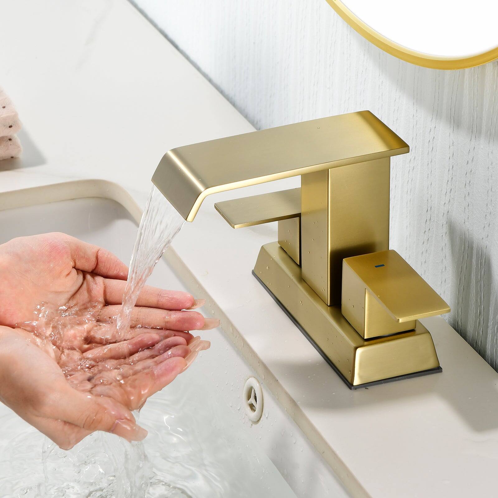 Alt View 4. Boyel Living - Brushed Gold 4 Inch Centerset Faucet SUS304 Waterfall Spout 1.2GPM Dual Handle Pop Up Drain - Brushed Gold.