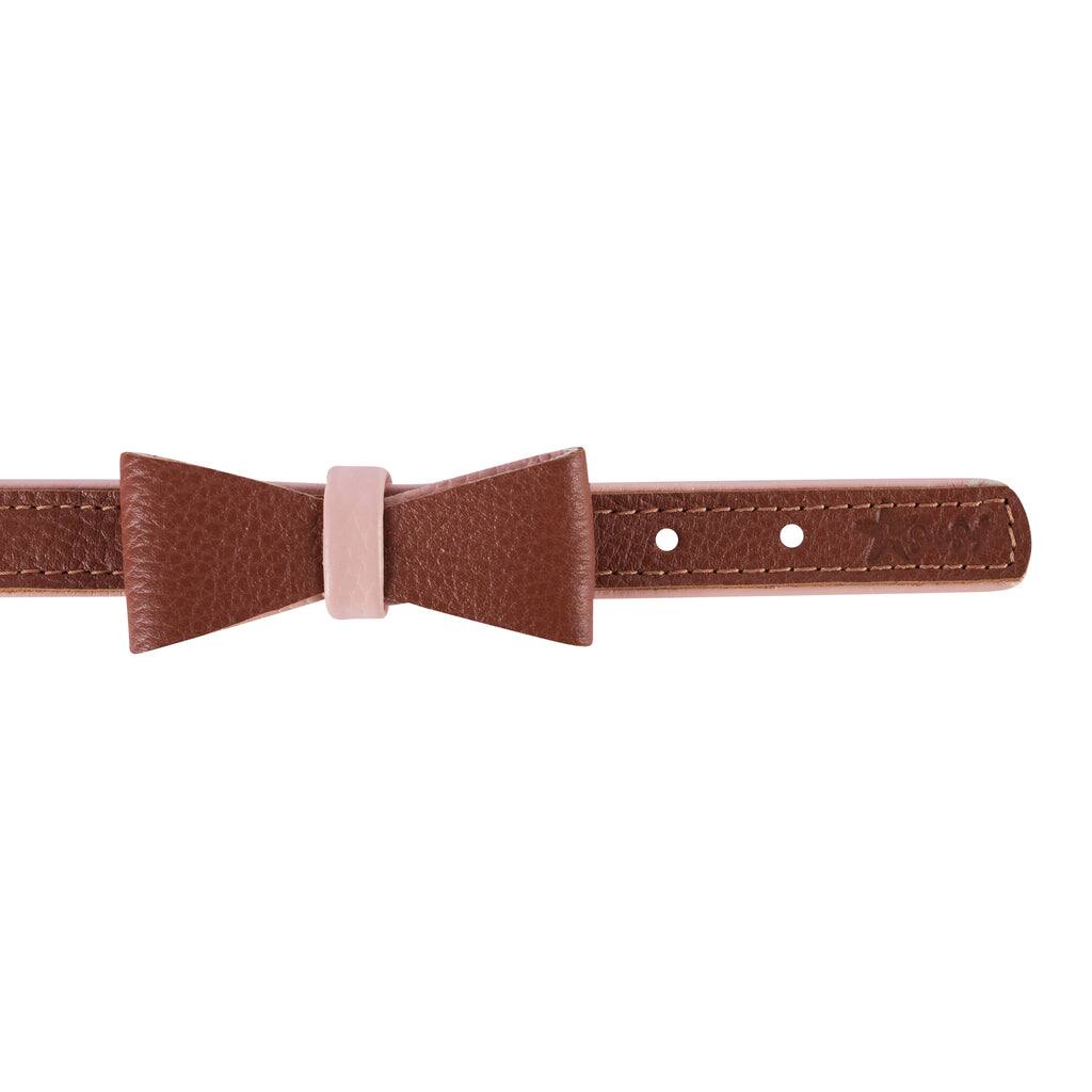 Angle. PoisePup - Cute Handmade Genuine Soft Full Grain Leather Dog Bow Tie - Brown | Light Pink.