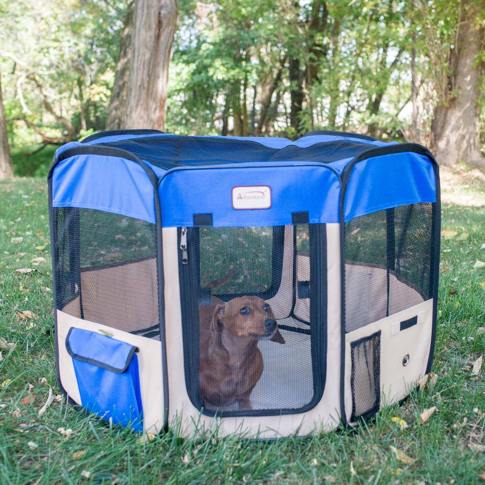Left. Armarkat - Portable Pet Playpen In Combo in Blue and Beige - Blue.