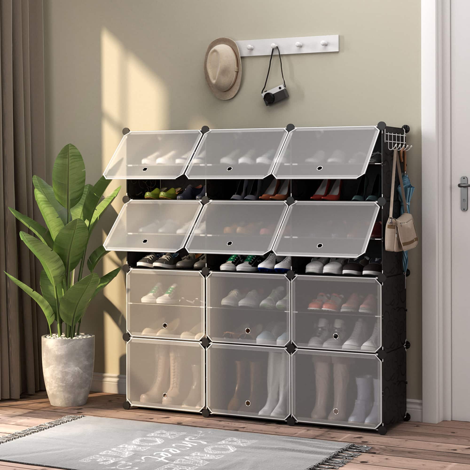 Alt View 11. Costway - Portable Shoe Rack Organizer 12-Cube 48 Pair Shoe Shelf Storage Cabinet w/Hook - Black/Translucent.