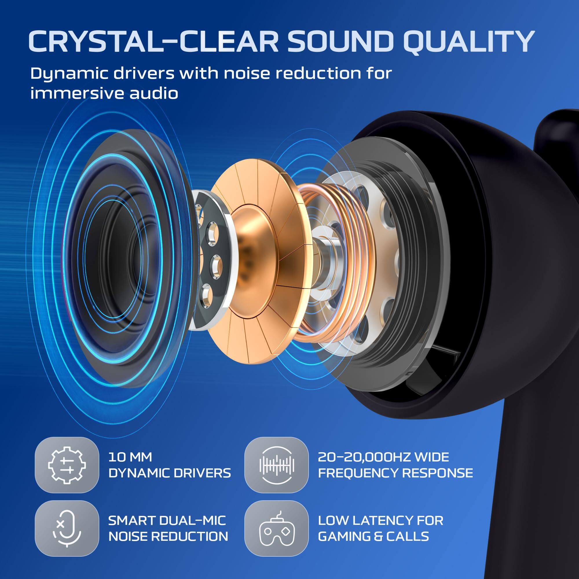CRYSTAL-CLEAR SOUND QUALITY  
Dynamic drivers with noise reduction for immersive audio  

10 MM DYNAMIC DRIVERS  
20-20,000HZ WIDE FREQUENCY RESPONSE  
SMART DUAL-MIC NOISE REDUCTION  
LOW LATENCY FOR GAMING & CALLS