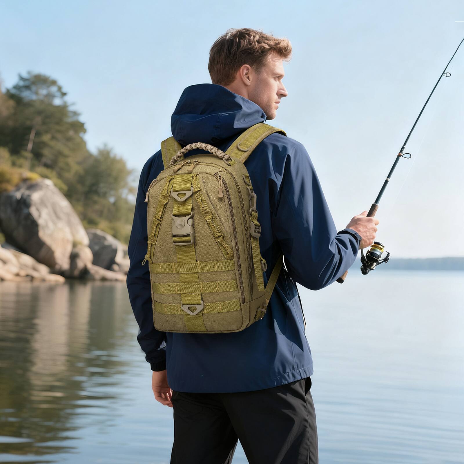 Alt View 1. Unique Bargains - Fishing Tackle Backpack for Men Sling or Backpack Style with Rod Holder Waterproof Great for Anglers Boat Fishing - Khaki.