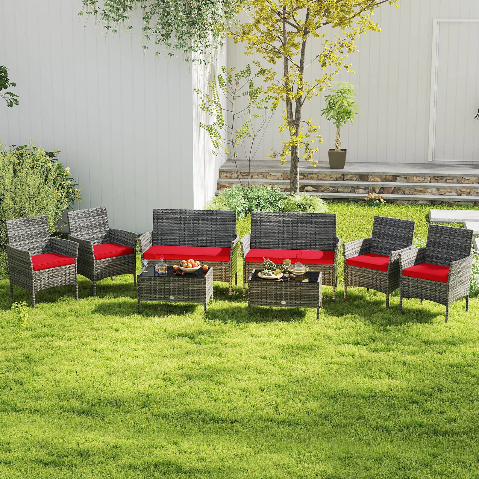 Alt View 1. Costway - Costway 8 PCS Patio Furniture Set with Washable Cushions and Tempered Glass Coffee Table - Red.