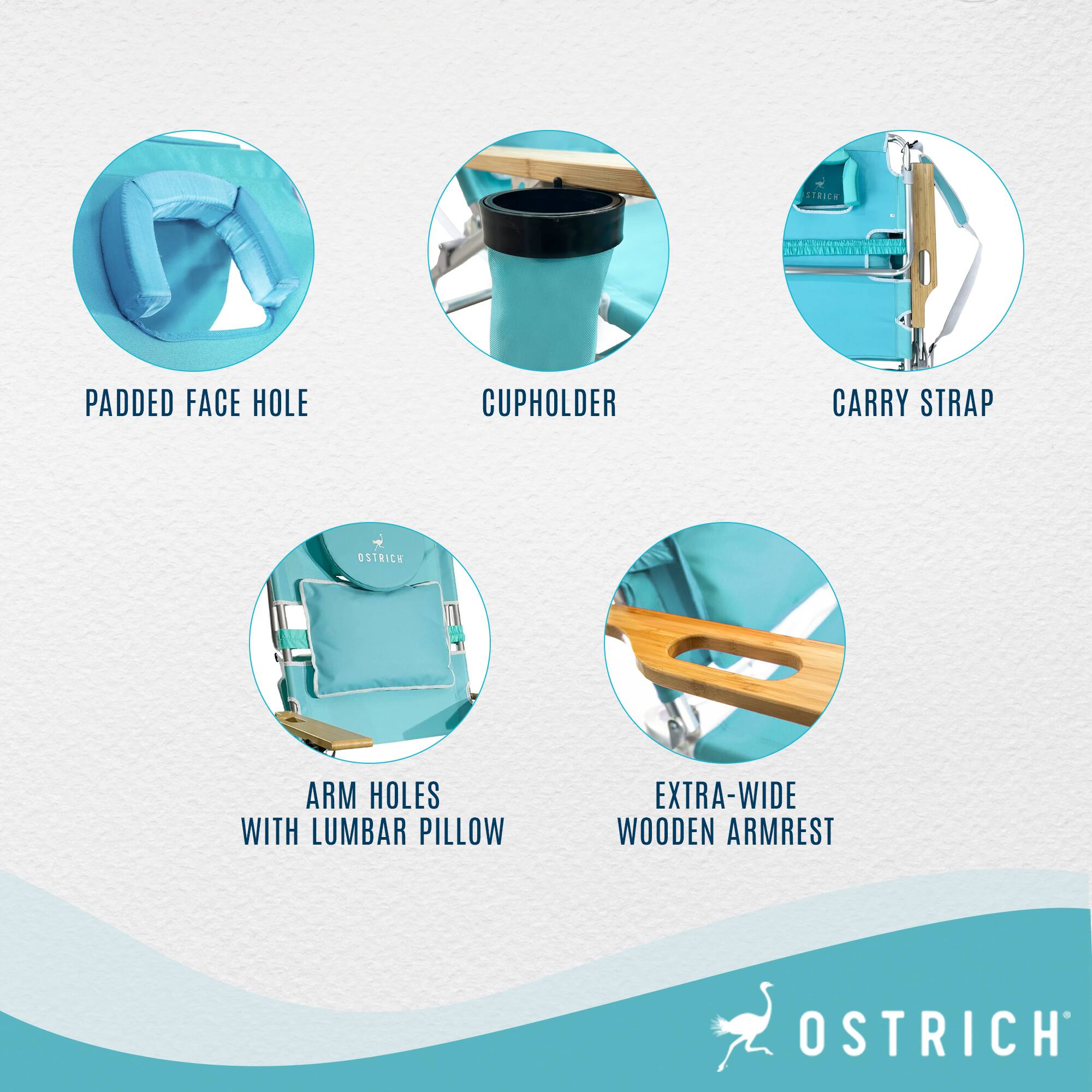- Padded Face Hole
- Cupholder
- Carry Strap
- Arm Holes with Lumbar Pillow
- Extra-Wide Wooden Armrest
