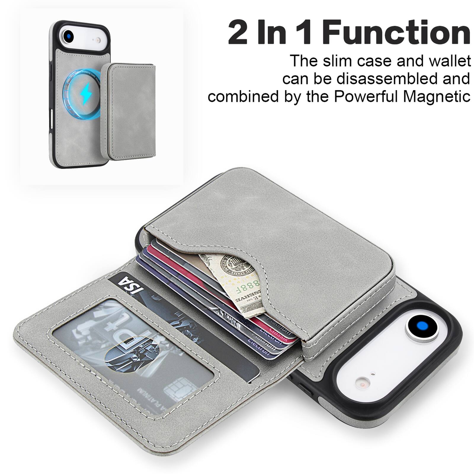 2 In 1 Function  
The slim case and wallet can be disassembled and combined by the Powerful Magnetic