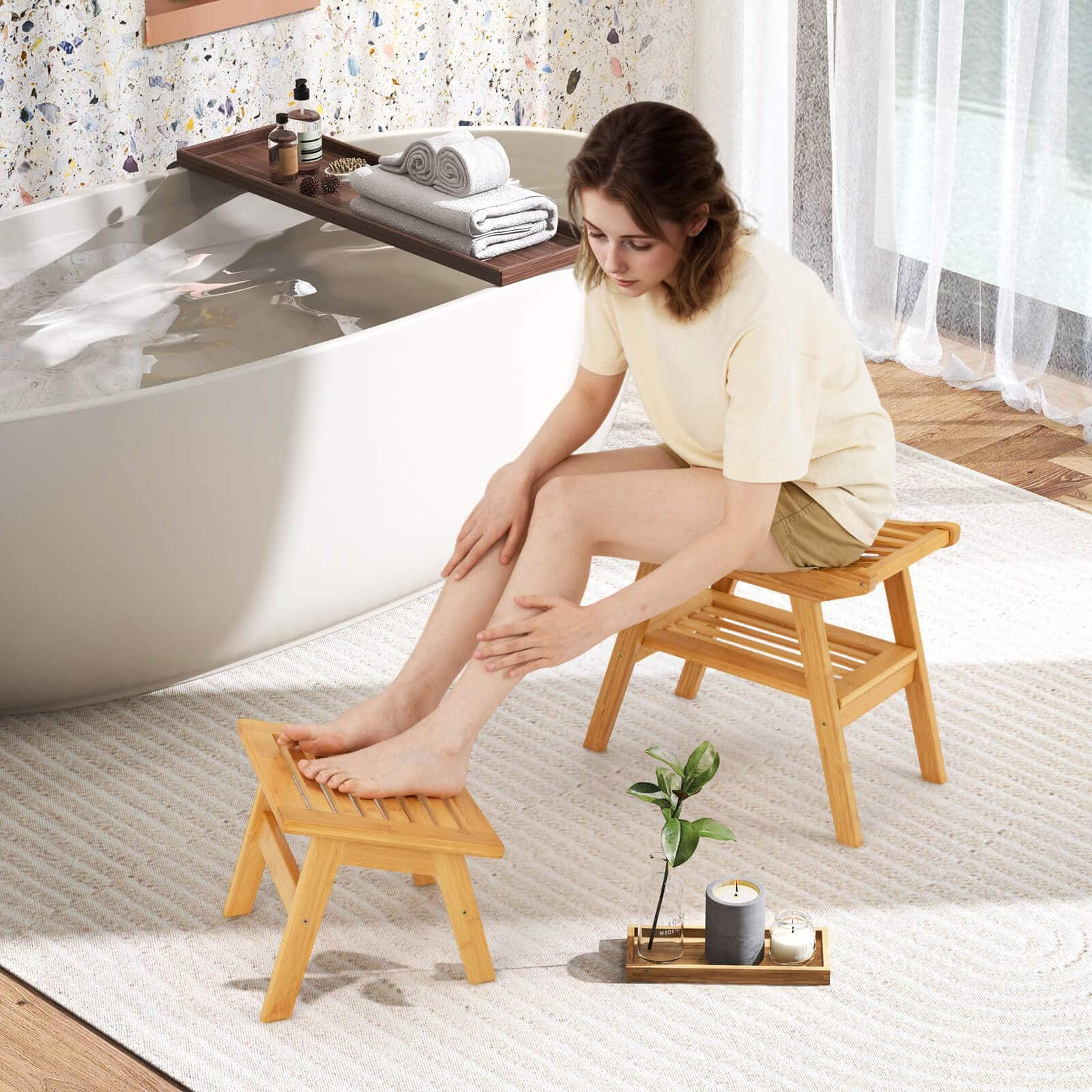 Alt View 3. Costway - Costway 2-Tier Bamboo Shower Bench and Stool with Underneath Storage Shelf Slatted Seat - Natural.