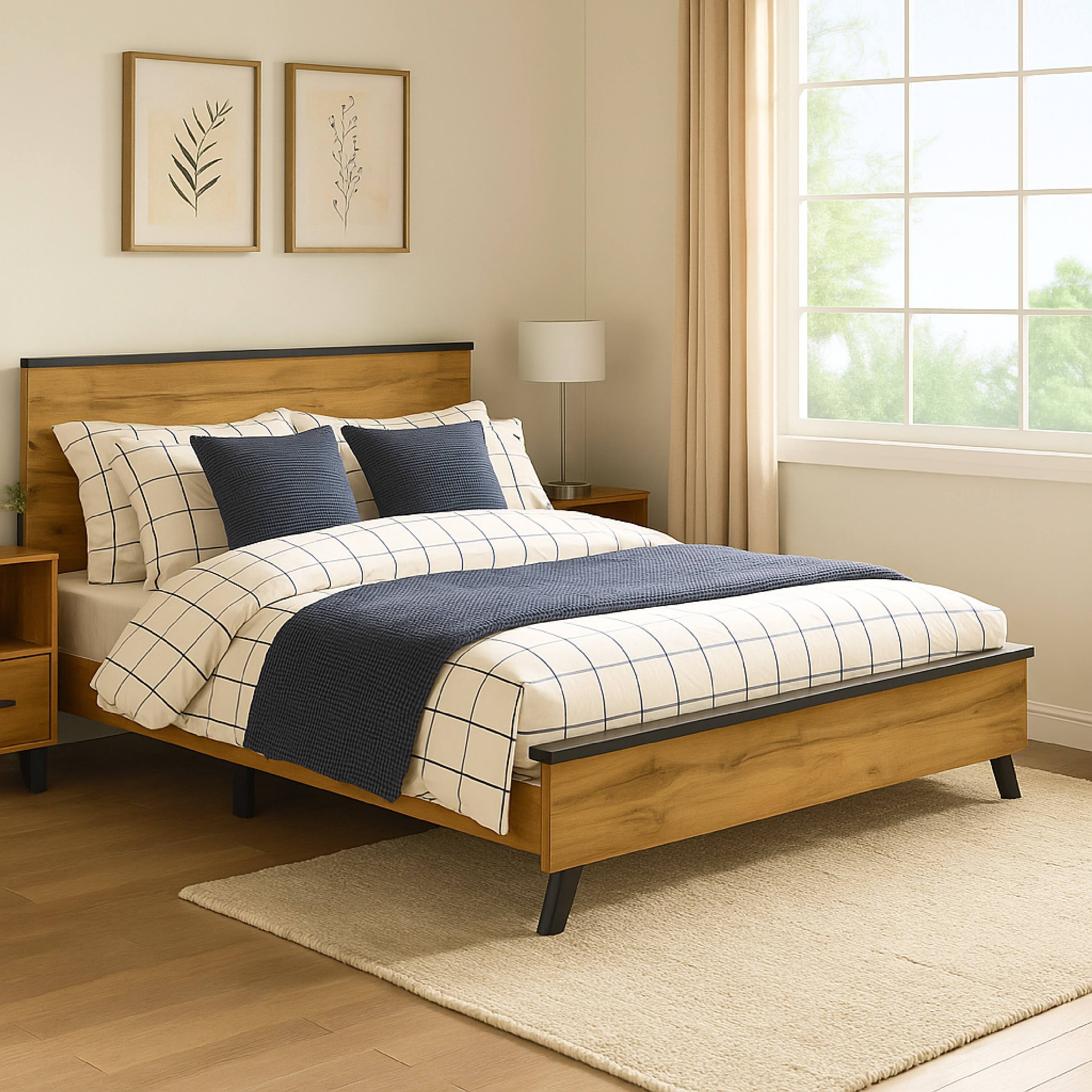 Alt View 5. Manhattan Lane - Wemy King Size Bed, Tall Panel Headboard, Natural Brown Pine Finish - Brown, Black.