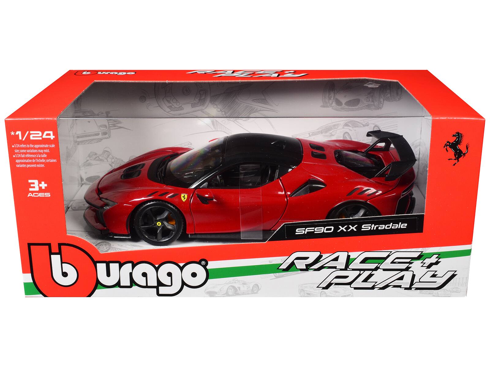& Uge PE NE 1/24 + 24 fen To the approximate scale ar amt vanations may e + 24fat ference i alle approximative de Tchel coetaines variantes pruvent ciste = 3+ AGES SF90 XX Stradale RACET PLAY