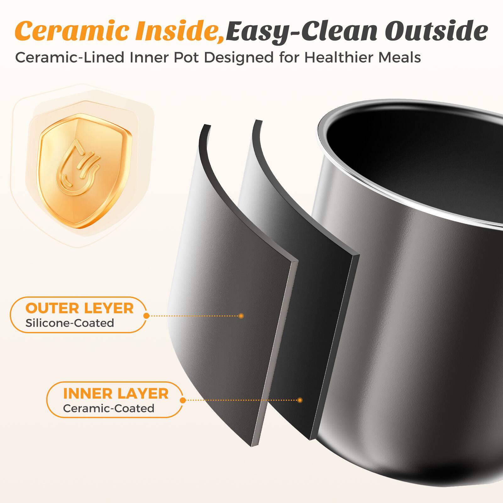 Ceramic Inside, Easy-Clean Outside  
Ceramic-Lined Inner Pot Designed for Healthier Meals  

OUTER LAYER  
Silicone-Coated  

INNER LAYER  
Ceramic-Coated
