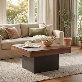 WELLFOR - 35.5" Square Coffee Table with LED Lights and Dynamic Modes, Modern Thick Tabletop Wooden Center Table - Rustic Brown