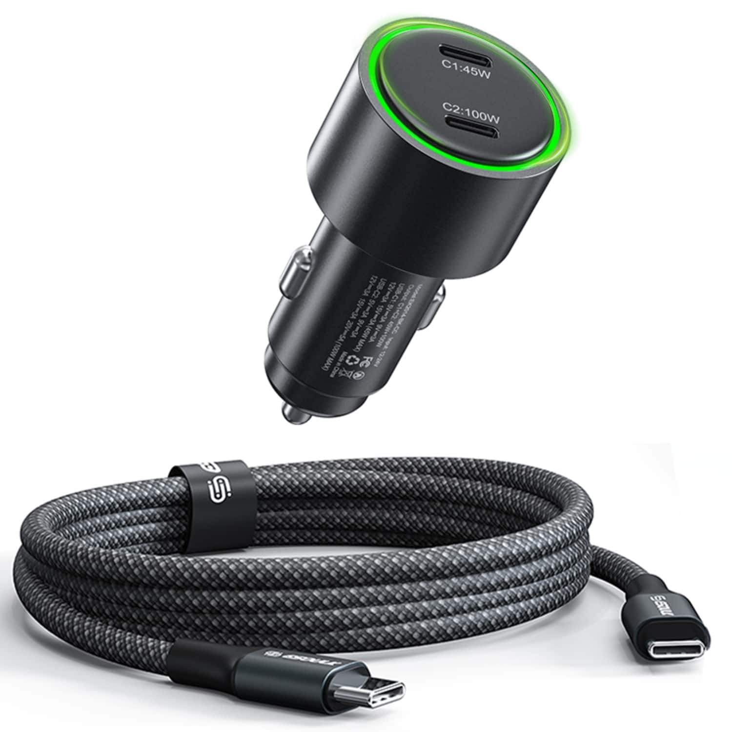 Esoulk - 145W Fast Charging Car Charger For Macbook, Laptop, Tablet, Samsung S26 Ultra iPhone 17 Pro Max with 6' 100W USB-C Cable - Black