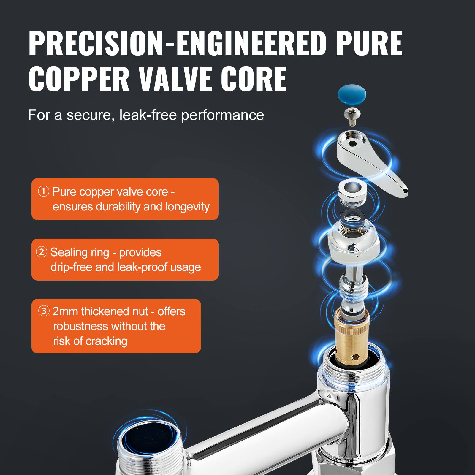 PRECISION-ENGINEERED PURE COPPER VALVE CORE  
For a secure, leak-free performance  

1. Pure copper valve core - ensures durability and longevity  
2. Sealing ring - provides drip-free and leak-proof usage  
3. 2mm thickened nut - offers robustness without the risk of cracking