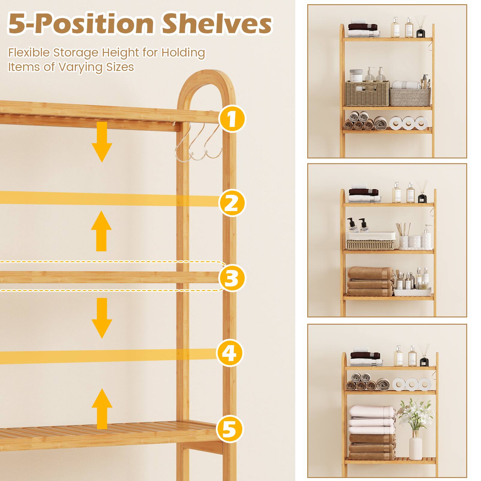 5-Position Shelves  
Flexible Storage Height for Holding Items of Varying Sizes  

1  
2  
3  
4  
5