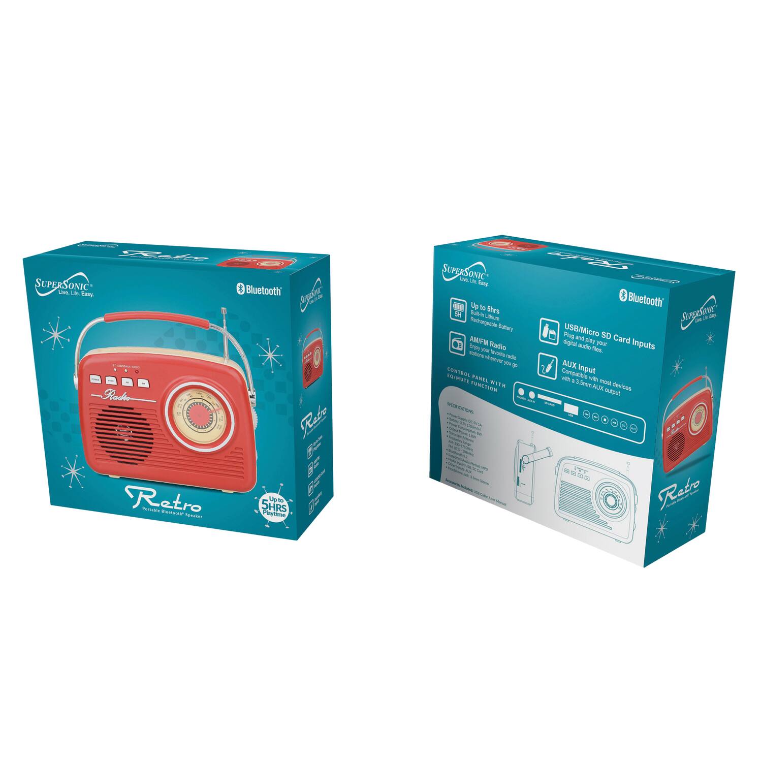 Sure, here is the corrected and grouped text from the image:

---

**SUPERSONIC**  
*Listen With Joy*

**Retro**  
*Vintage Bluetooth Speaker*

**Bluetooth**  
*Up to 15m*  
*Rechargeable Battery*  
*AM/FM Radio*  
*USB/Micro SD Card Inputs*  
*AUX Input*  
*Compatible with 3.5mm AUX Devices*  
*15mm ALIX Speakers*

**Features:**

- Up to 15m Bluetooth Range
- Rechargeable Battery
- AM/FM Radio
- USB/Micro SD Card Inputs to play digital audio files
- AUX Input
- Compatible with 3.5mm AUX Devices

**Specifications:**

- **Power:** Rechargeable Battery
- **Bluetooth:** Up to 15m
- **Radio:** AM/FM
- **Inputs:** USB, Micro SD, AUX
- **Speakers:** 15mm ALIX
- **Battery Life:** Up to 15 hours

**Bluetooth**  
*Up to 15m*  
*Rechargeable Battery*  
*AM/FM Radio*  
*USB/Micro SD Card Inputs*  
*AUX Input