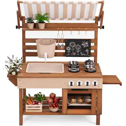 Front. Best Choice Products - Best Choice Products Deluxe Wooden Outdoor Mud Kitchen for Kids w/ Canopy, Water Tank, Faucet & 11pc Accessories - Beige - Beige.