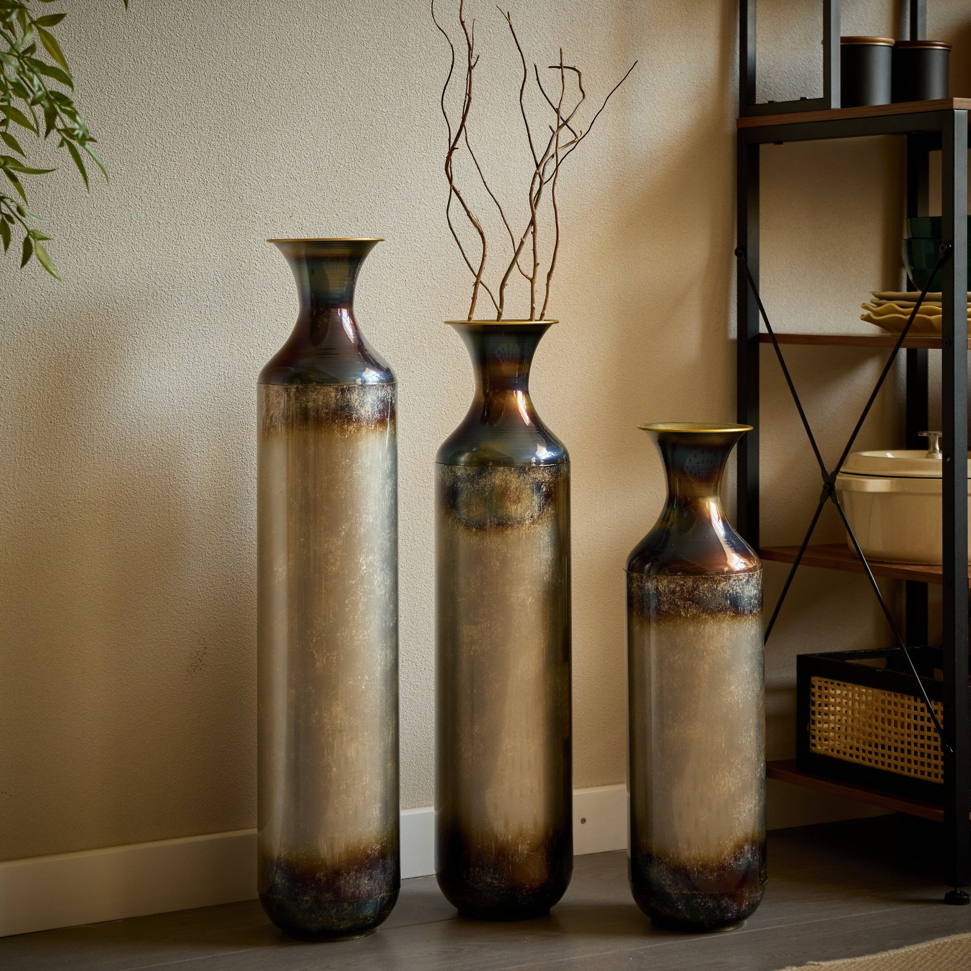 Angle. Anysun - Hand-Forged Metal Vases Set of 3 - Burnt Finish Rustic Floor Vases, 28.34/24.4/20.4 Inch for Farmhouse Decor - Gold.