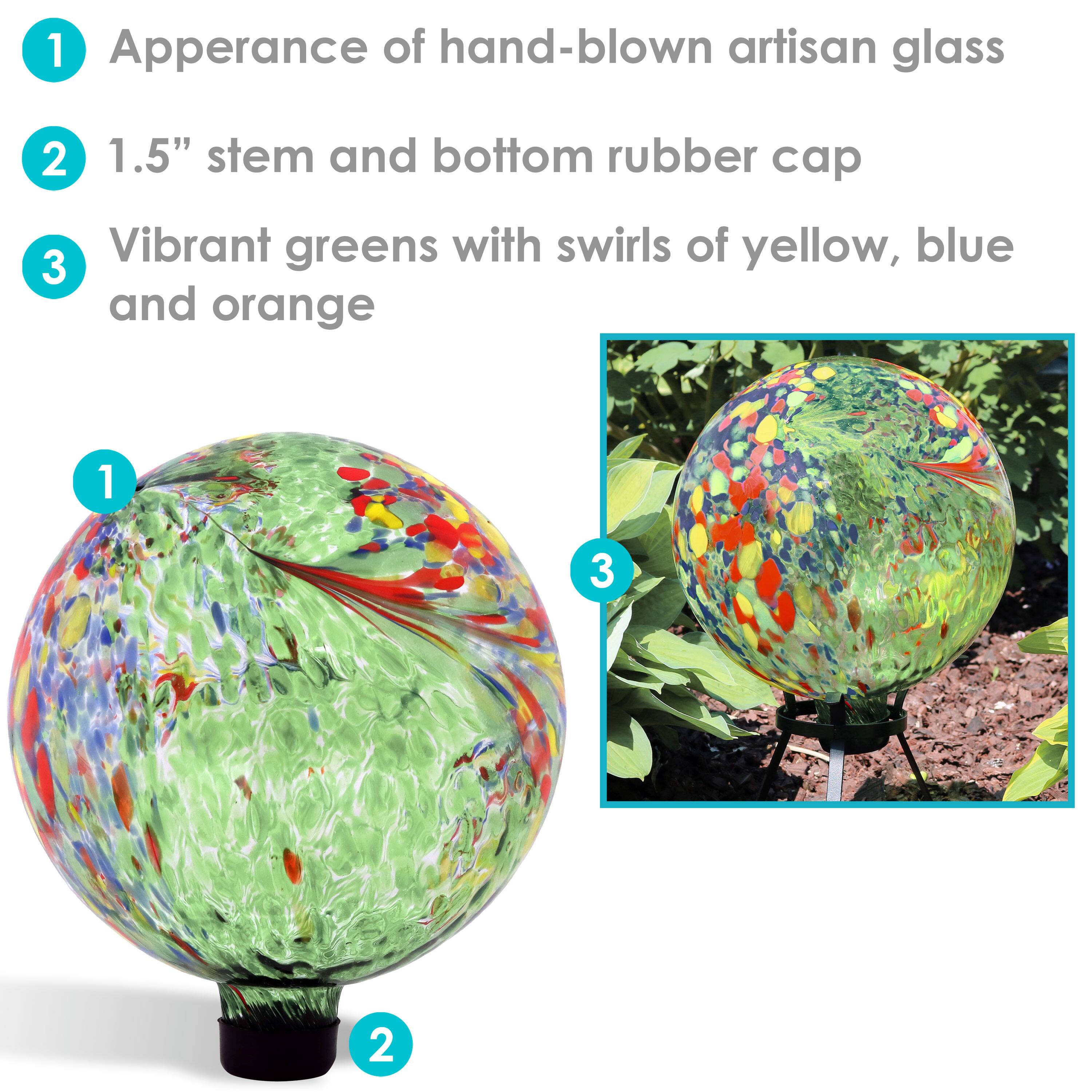 1. Appearance of hand-blown artisan glass  
2. 1.5" stem and bottom rubber cap  
3. Vibrant greens with swirls of yellow, blue, and orange