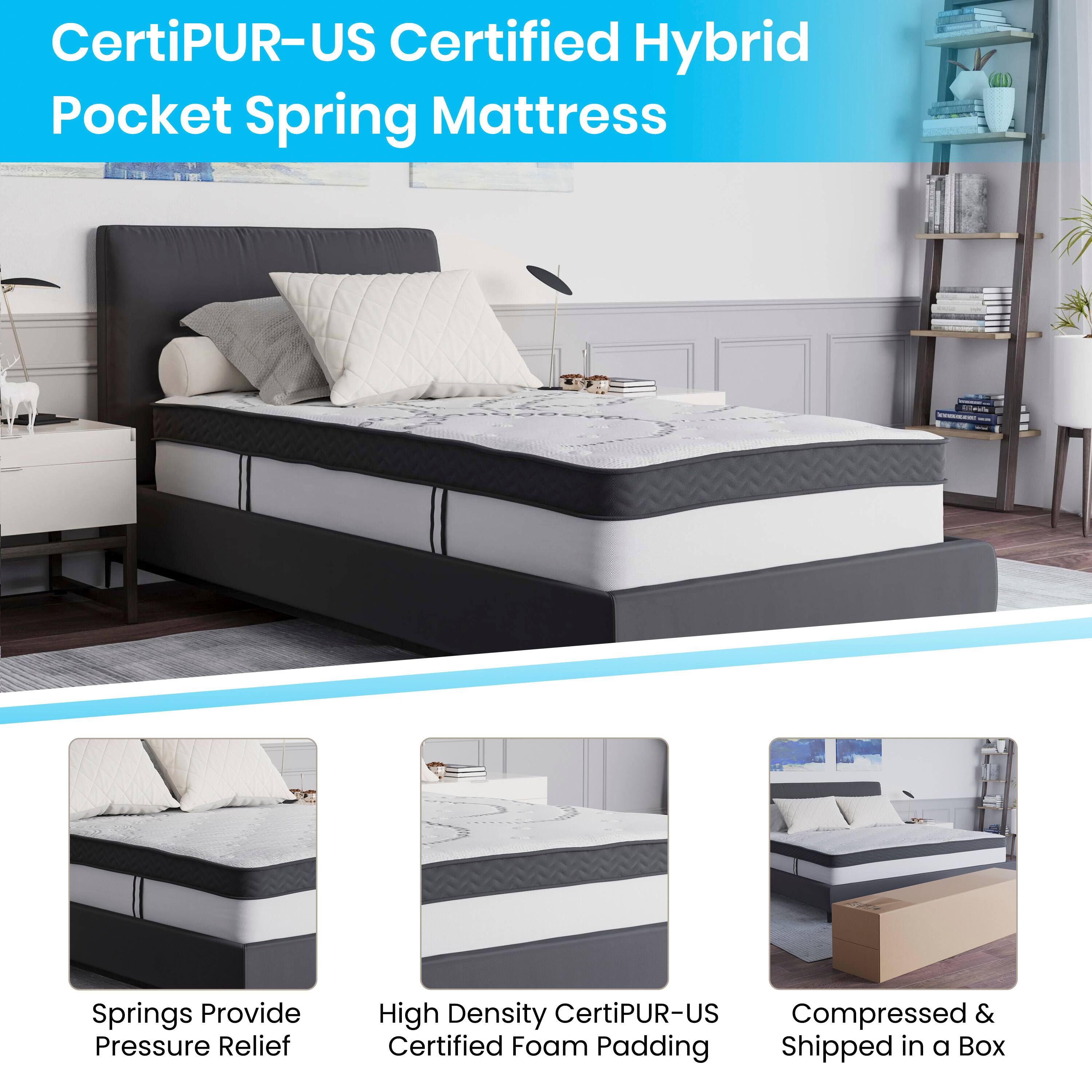 CertiPUR-US Certified Hybrid Pocket Spring Mattress

- Springs Provide Pressure Relief
- High Density CertiPUR-US Compressed & Certified Foam Padding
- Shipped in a Box