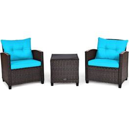 Kadyn - 3 Pcs Patio Rattan Furniture Set , Wicker Furniture Sets, Patio Conversation Sets, Cushioned Conversation Set - Blue