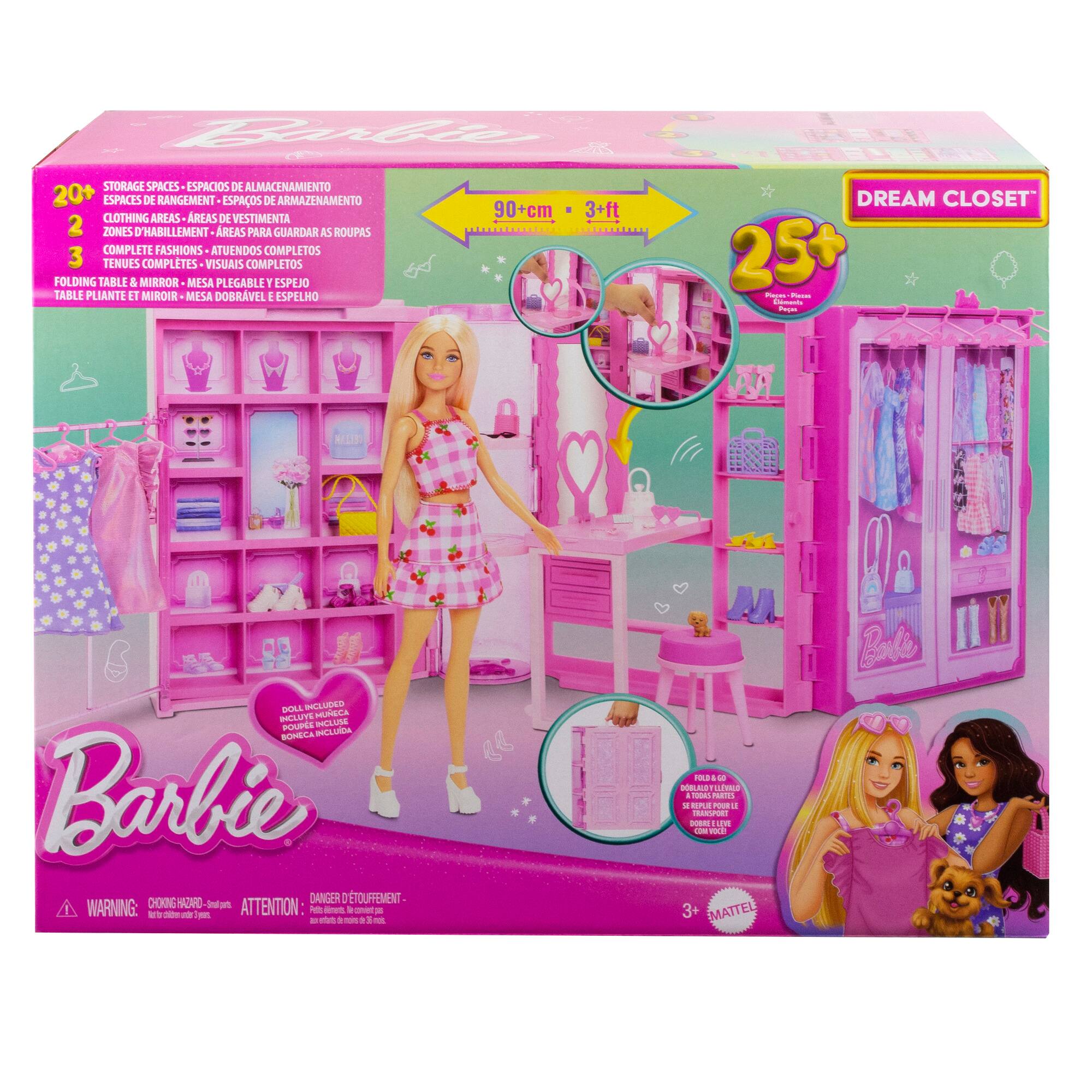 The text on the image is in Spanish, so I will provide a corrected version in English.

Barbie Dream Closet:

* 20+ storage spaces
* 2 clothing areas
* 3 complete fashions
* 3+ ft - 90+ cm
* Includes Barbie doll
* Warning: Choking hazard - small parts. Not for children under 3 years.

The box contains a Barbie doll and a Dream Closet playset, which includes storage spaces for clothing and accessories. The playset is designed for children aged 3 and up and comes with a folding table, a mirror, and a complete fashion set. The box also includes a warning about the choking hazard posed by small parts, and it is not suitable for children under 3 years old.