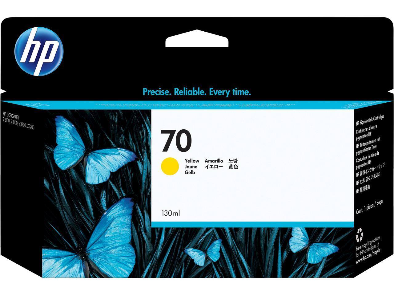 hp Precise. Reliable. Every time.  
HP DESIGNJET  
Z2100, Z2300, Z3000, Z5200  

70  
Yellow  
Amarillo  
Jaune  
Gelb  

130 ml  

HP Pigment Ink Cartridges  
Cartridges d'encre pigmentée HP  
Pigmentenpatronen HP  
Pigmentierte Tintenpatronen HP  
Pigmentados de tinta HP  
HP Pigment Ink Cartridges  

Cont. 1 piezo / pega  

Free recycling options for HP cartridges  
www.hp.com/recycle