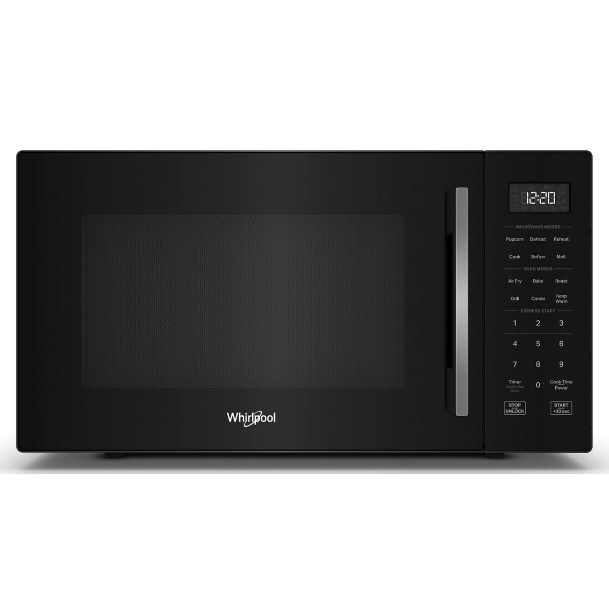 12:20  
MICROWAVE MODES  
Popcorn  
Defrost  
Reheat  
Cook  
Soften  
Melt  

OVER MODES  
Air Fry  
Bake  
Roast  
Warm  
Grill  
Convection  
Keep Warm  

EXPRESS START  
1 2 3  
4 5 6  
7 8 9  
0  

Time  
Cook Time  
Power  
STOP UNLOCK  
START  
+ 30 sec  
+ 60 sec  

Whirlpool