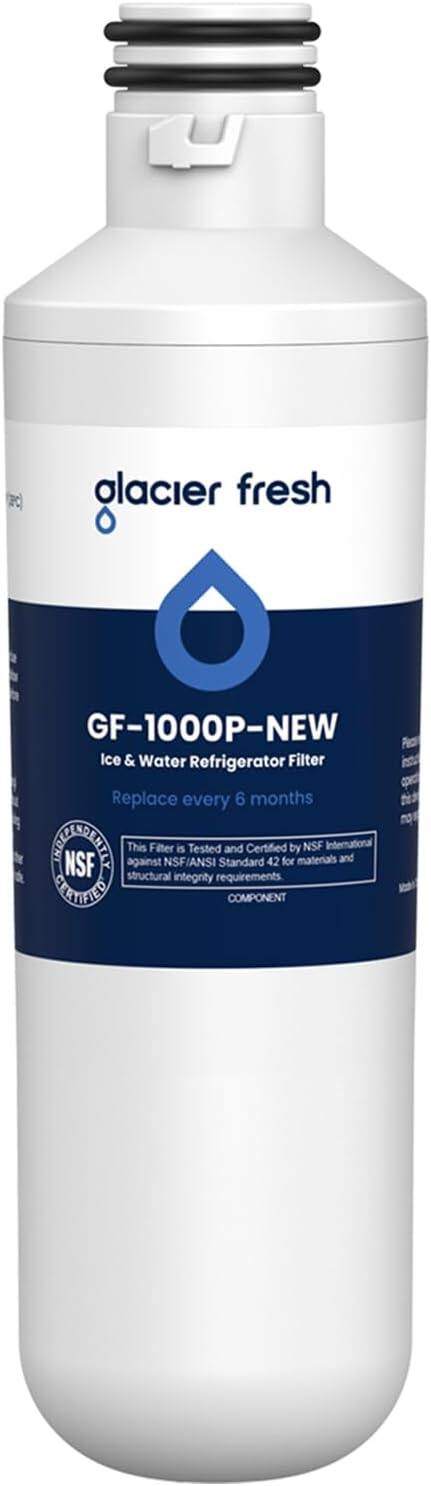 glacier fresh  
GF-1000P-NEW  
Ice & Water Refrigerator Filter  
Replace every 6 months  

This Filter is Tested and Certified by NSF International against NSF/ANSI Standard 42 for materials and structural integrity requirements.  

NSF CERTIFIED  
COMPONENT