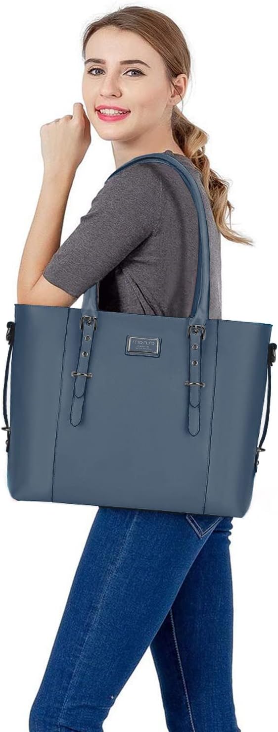 Angle. mosiso - Waterproof PU Leather Laptop Bag for Women 15.6 Inch, Vintage Briefcase Shoulder Tote Computer Bag for Work & Office - Peacock Blue.