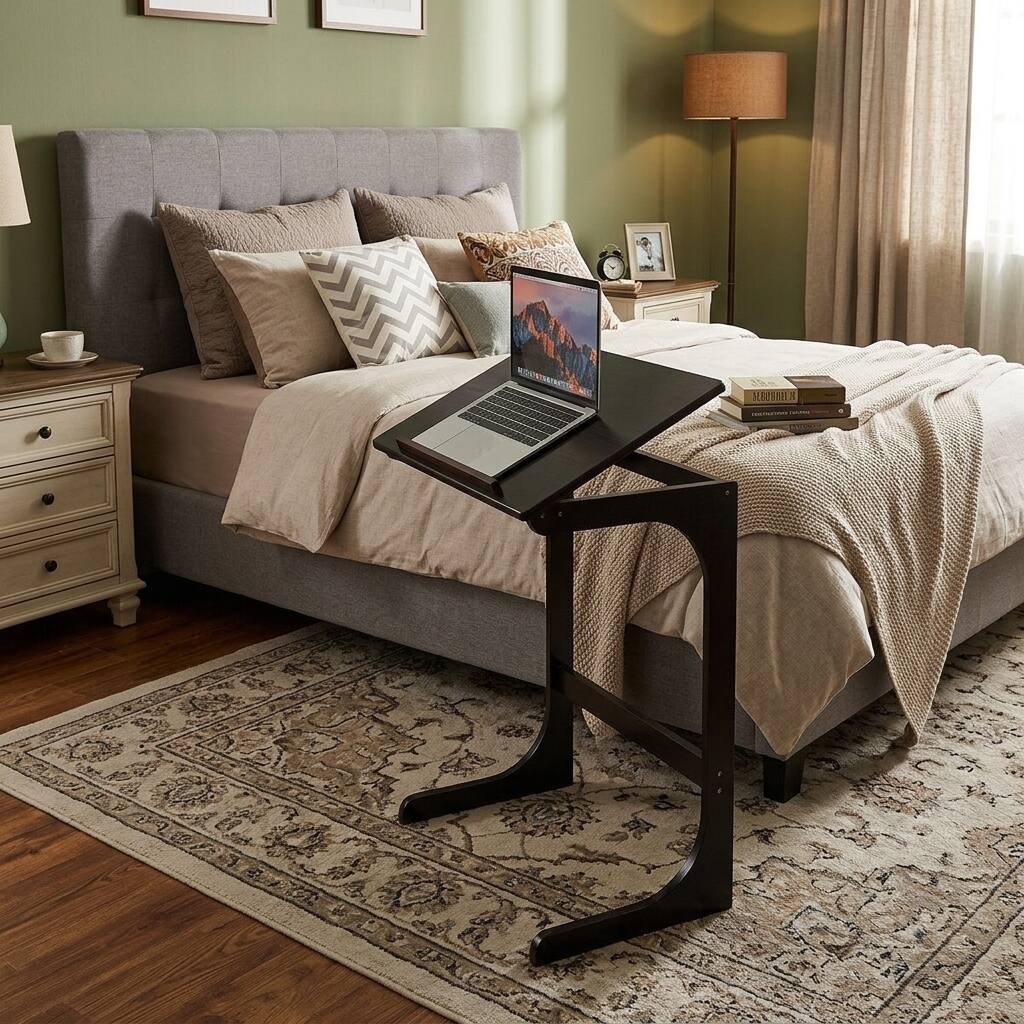 A room with a bed, a laptop on a stand, and a rug.