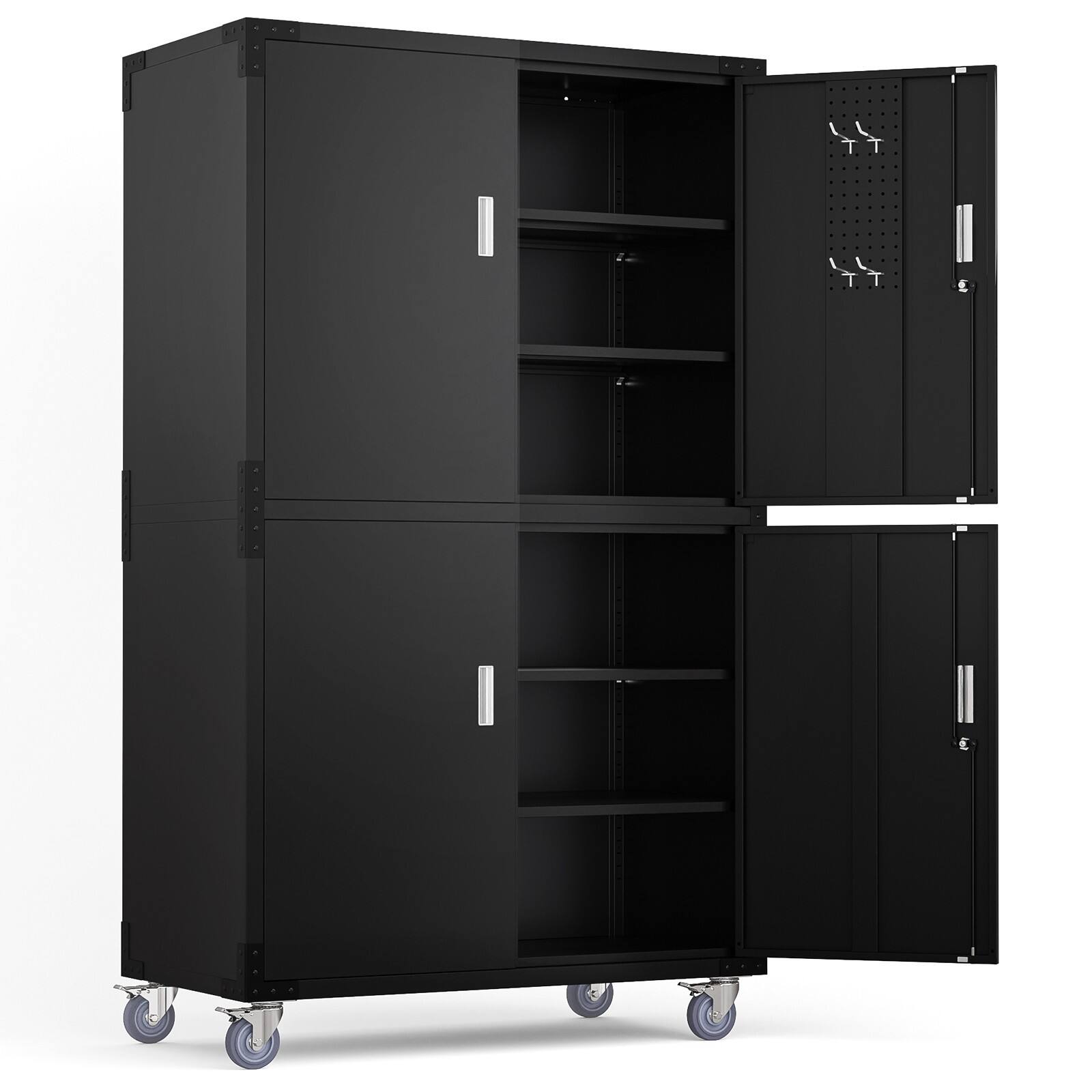 Front. Winado - Garage Large Metal Storage Cabinet with 4 Adjustable Shelves & 2 Pegboards - Black.