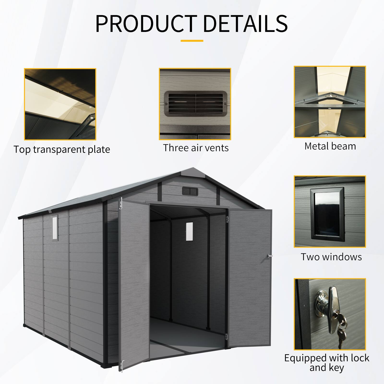 PRODUCT DETAILS

- Top transparent plate
- Three air vents
- Metal beam
- Two windows
- Equipped with lock and key